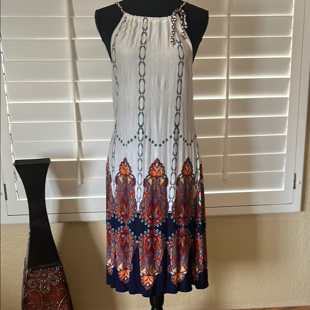 Elegant White and Blue Patterned Dress